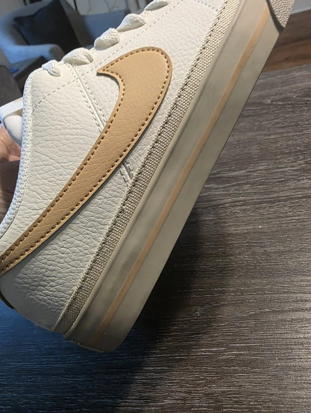 Nike Court Legacy-New- Women’s Cream-White Sneakers with Tan Swoosh